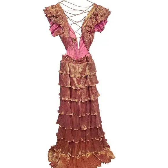MAC DUGGAL Coral Pink Gold Ruffle Tiered Criss Cross Lace Up Back Gown Dress 2 MAC DUGGAL Coral Pink Gold Ruffle Tiered Criss Cross Lace Up Back Gown Dress 2